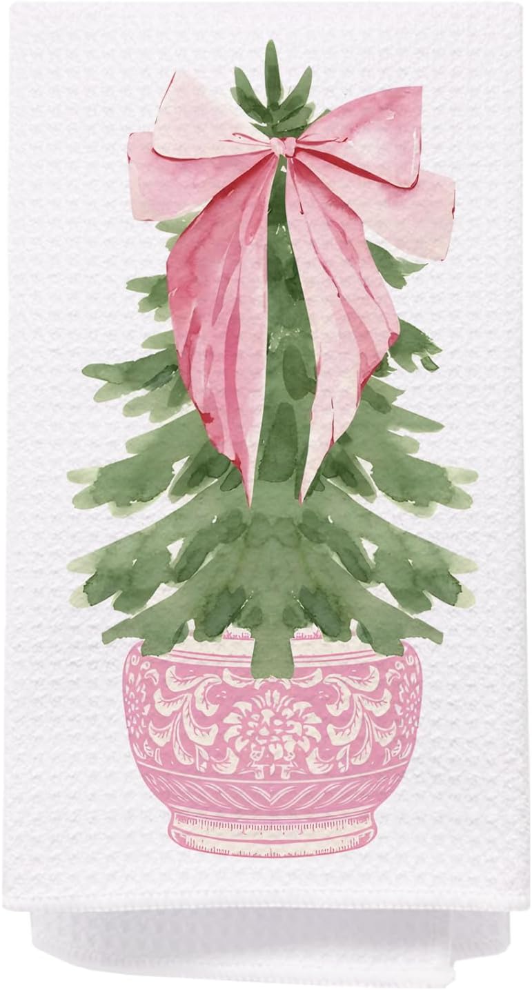 SPBL&L Chinoiserie Christmas Kitchen Towels, Pink Bow Coquette Christmas Tree Dish Towels for Kitchen Bathroom, Pink Christmas Hand Towels for Bathroom Kitchen, Grandmillennial Decor, 16x24 Inches - Image 1